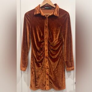 Blush Mark Velvet Button-Up Dress in Burnt Orange. Sz M